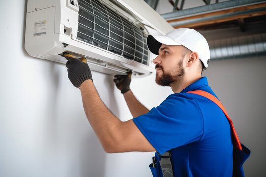 HVAC technician installing a mini split air conditioner in Goodyear