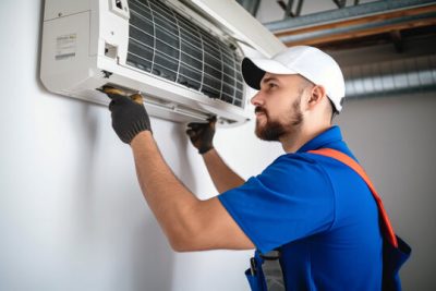 360_F_621046421_Vcay4nYa8ozdeodOQVDfES6MRrC6N3b8 Air conditioning technician servicing a wall-mounted AC unit in Goodyear, AZ